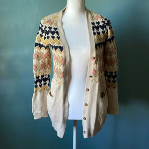 Anthropologie Fiets Voor 2 Cotton Wool Cardigan Sweater Beige Hearts Small CS